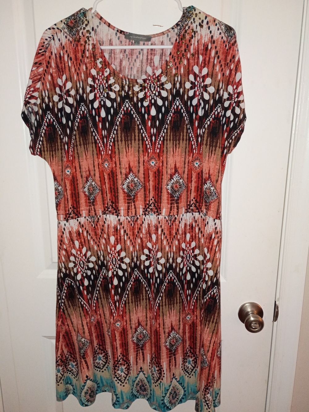 NY Collection Coral, Teal & White Printed Midi Dress